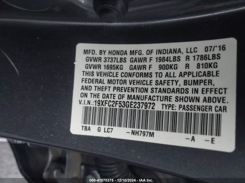 VIN 19XFC2F53GE237972 2016 Honda Civic, LX no.9