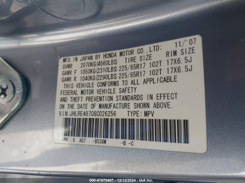 2008 Honda Cr-V Ex-L VIN: JHLRE48708C026256 Lot: 41070407