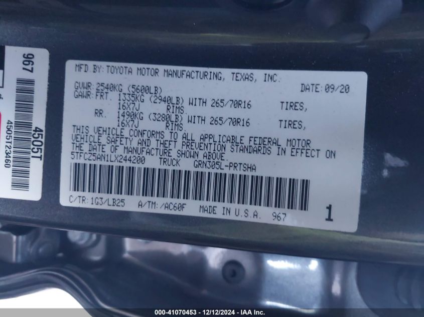 VIN 5TFCZ5AN1LX244200 2020 Toyota Tacoma, Trd Pro no.9