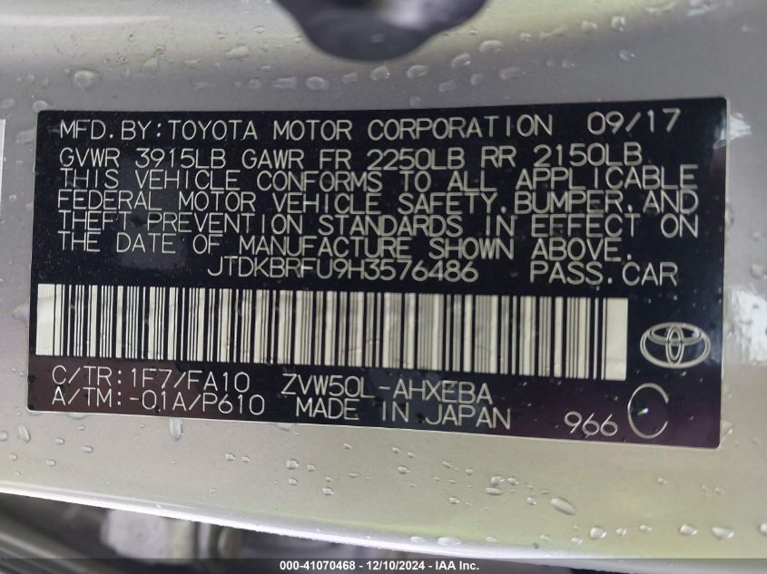 VIN JTDKBRFU9H3576486 2017 Toyota Prius, Two no.9