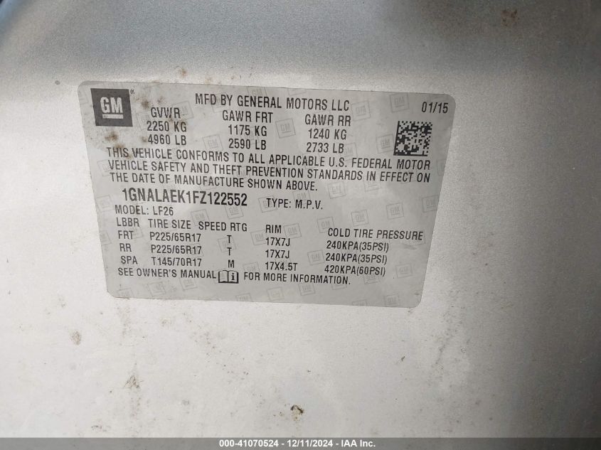 2015 Chevrolet Equinox Ls VIN: 1GNALAEK1FZ122552 Lot: 41070524
