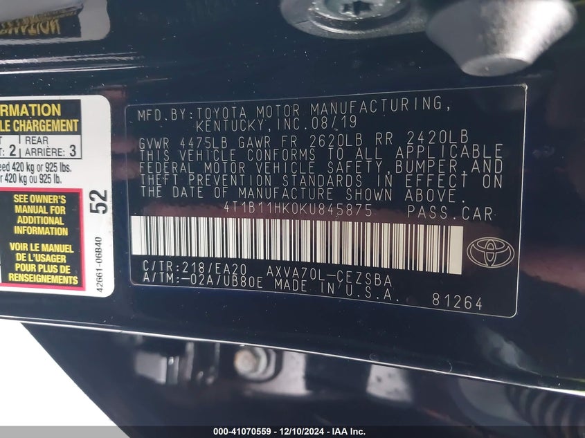 2019 TOYOTA CAMRY VIN: 4T1B11HK0KU845875