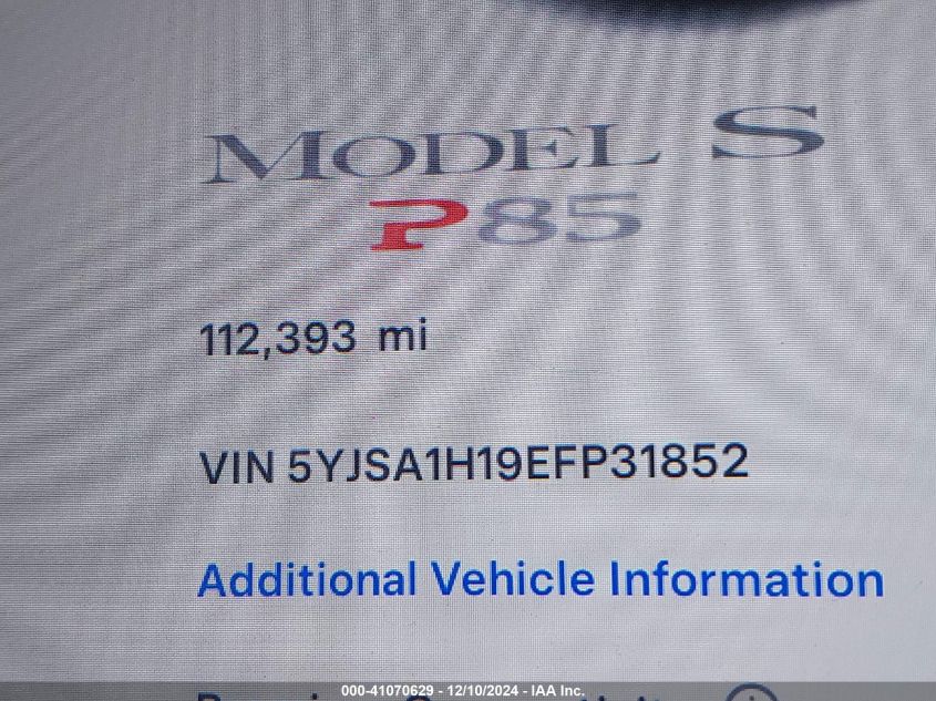 2014 Tesla Model S P85 VIN: 5YJSA1H19EFP31852 Lot: 41070629