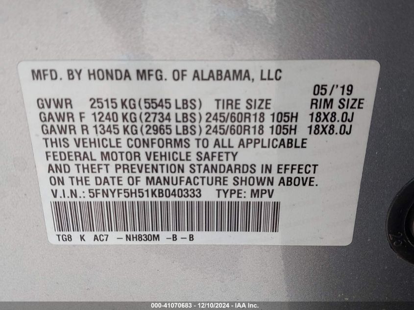 VIN 5FNYF5H51KB040333 2019 Honda Pilot, Ex-L no.9