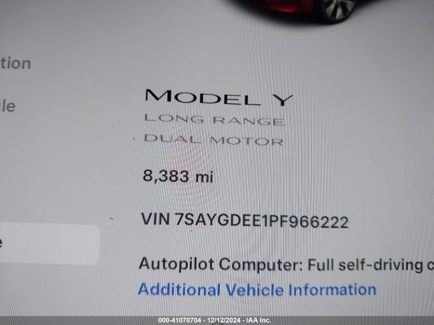 2023 Tesla Model Y Awd/Long Range Dual Motor All-Wheel Drive VIN: 7SAYGDEE1PF966222 Lot: 41070704