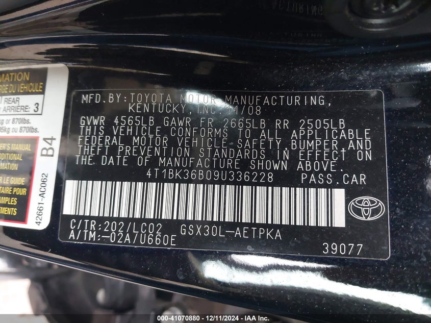 2009 TOYOTA AVALON VIN: 4T1BK36B09U336228