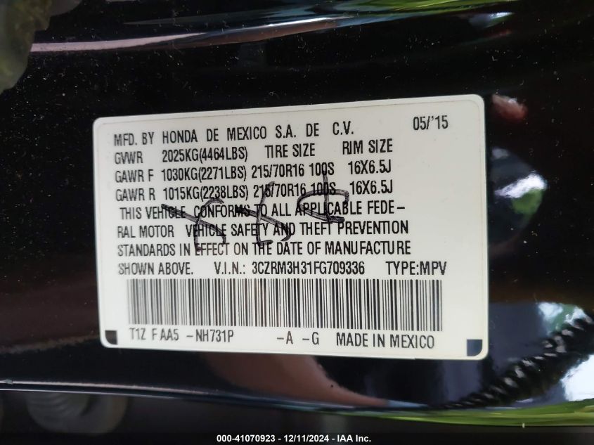 VIN 3CZRM3H31FG709336 2015 Honda CR-V, LX no.9