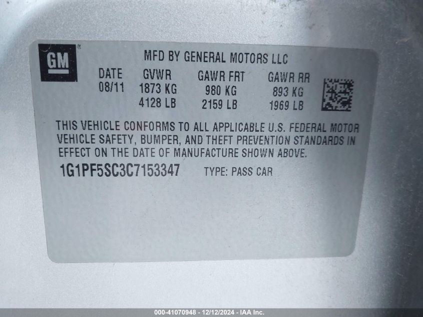 2012 Chevrolet Cruze 1Lt VIN: 1G1PF5SC3C7153347 Lot: 41070948