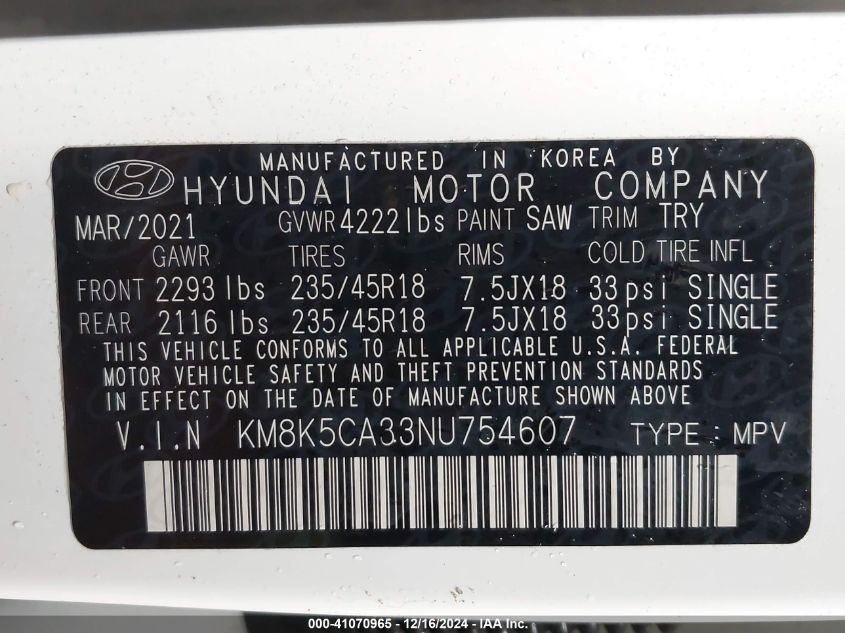 2022 Hyundai Kona Limited VIN: KM8K5CA33NU754607 Lot: 41070965