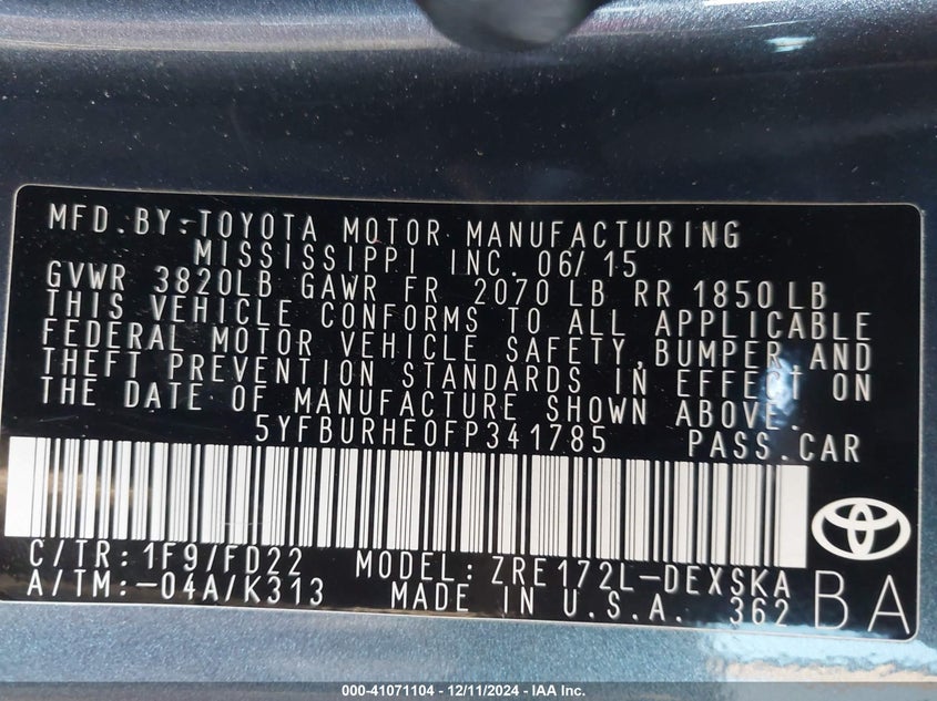 2015 TOYOTA COROLLA VIN: 5YFBURHE0FP341785