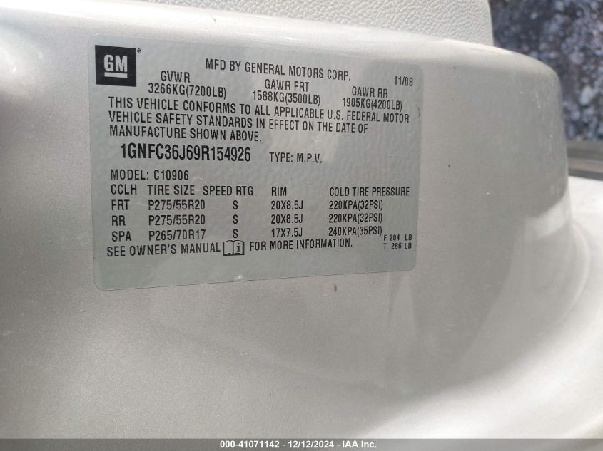 2009 Chevrolet Suburban 1500 Ltz VIN: 1GNFC36J69R154926 Lot: 41071142