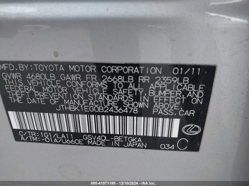 2011 LEXUS ES 350 VIN: JTHBK1EG0B2436478