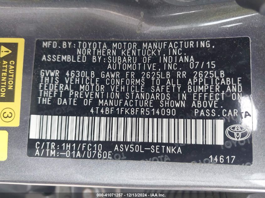 VIN 4T4BF1FK8FR514090 2015 Toyota Camry, LE no.9