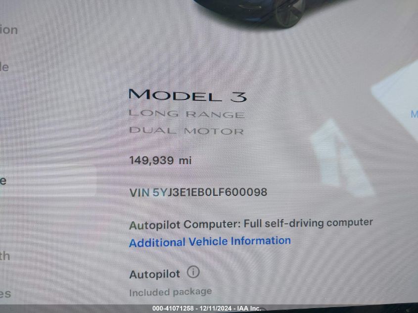 2020 Tesla Model 3 Long Range Dual Motor All-Wheel Drive VIN: 5YJ3E1EB0LF600098 Lot: 41071258