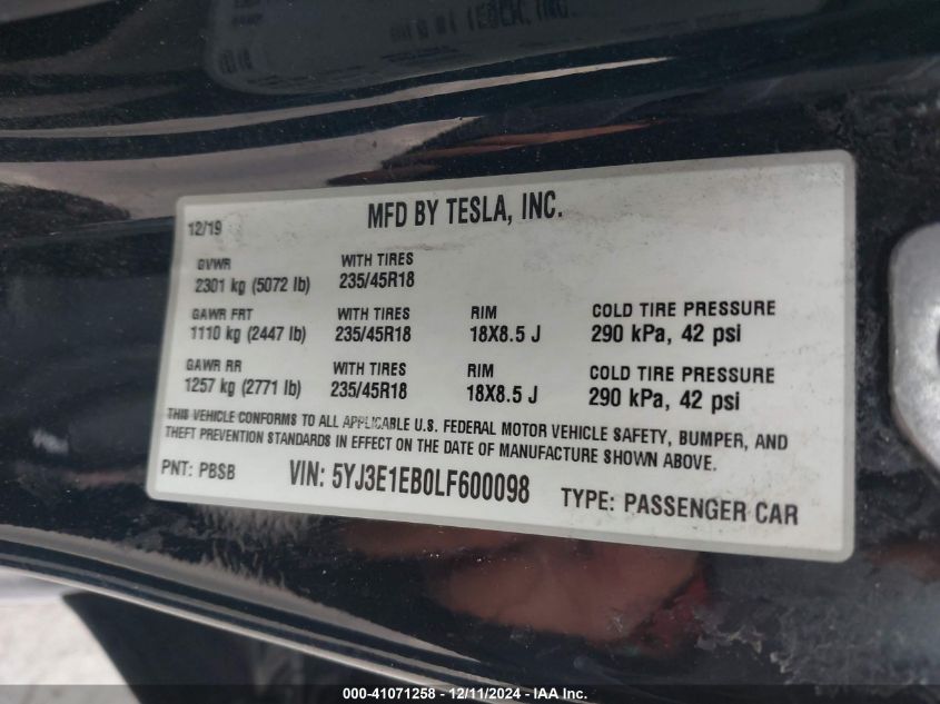 2020 Tesla Model 3 Long Range Dual Motor All-Wheel Drive VIN: 5YJ3E1EB0LF600098 Lot: 41071258