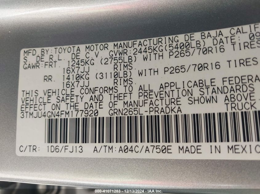 2015 Toyota Tacoma Double Cab Prerunner VIN: 3TMJU4GN4FM177920 Lot: 41071283