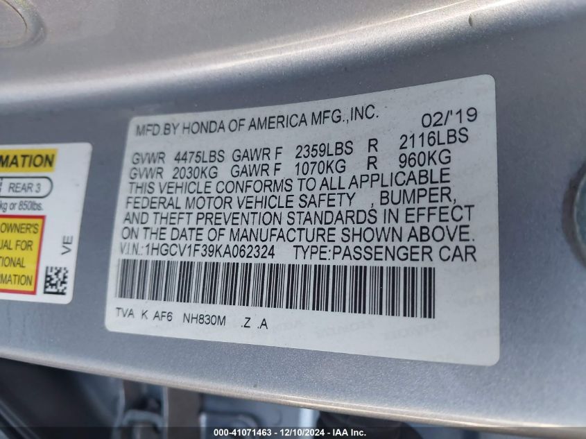 VIN 1HGCV1F39KA062324 2019 Honda Accord, Sport no.9