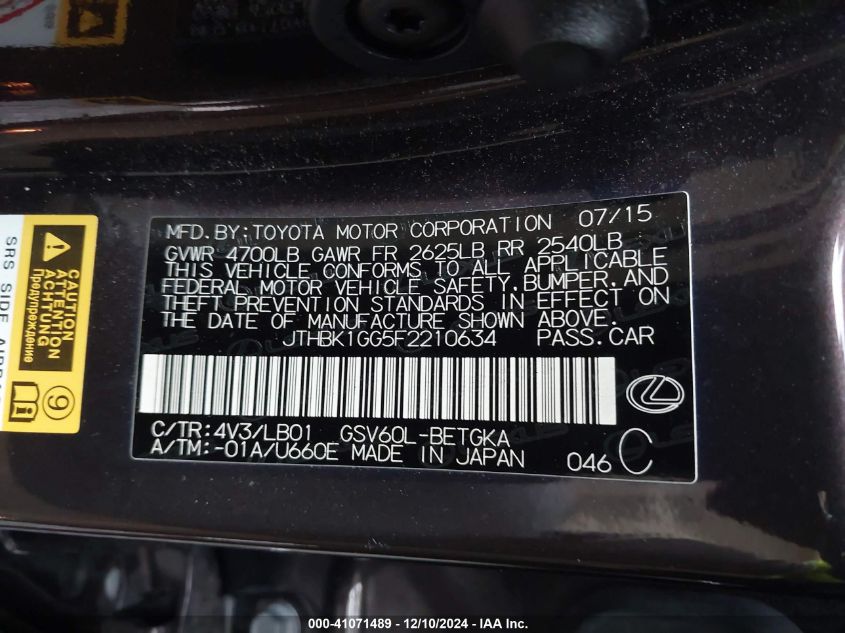 VIN JTHBK1GG5F2210634 2015 Lexus ES, 350 no.9