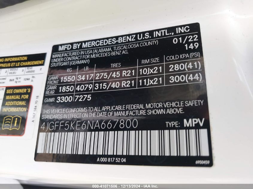 VIN 4JGFF5KE6NA667800 2022 Mercedes-Benz GLS 450, 4... no.9