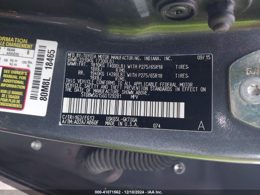 VIN 5TDBW5G15GS129281 2016 Toyota Sequoia, Sr5 5.7L V8 no.9