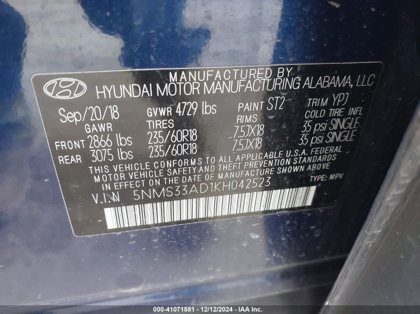 VIN 5NMS33AD1KH042523 2019 HYUNDAI SANTA FE no.9