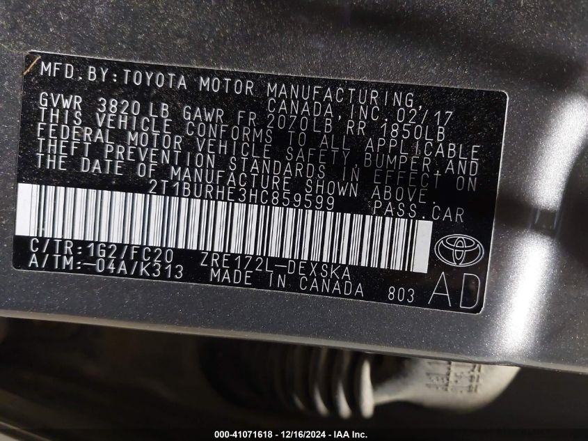 VIN 2T1BURHE3HC859599 2017 Toyota Corolla, SE no.9