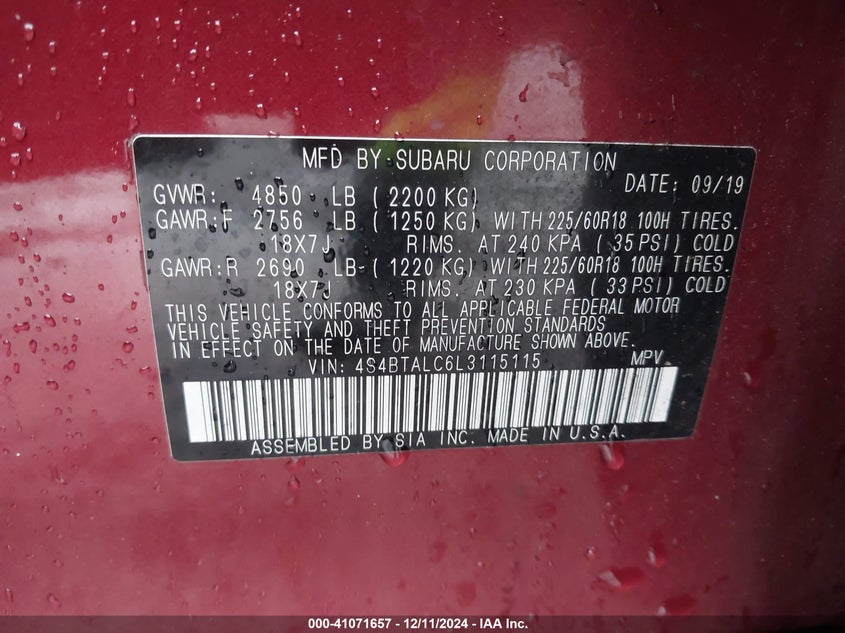 2020 SUBARU OUTBACK LIMITED - 4S4BTALC6L3115115