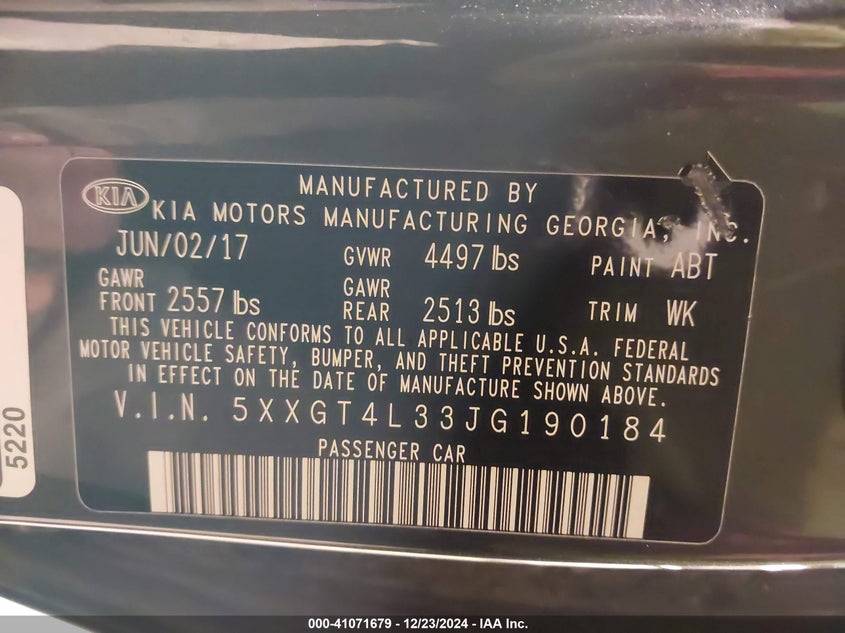 2018 KIA OPTIMA VIN: 5XXGT4L33JG190184