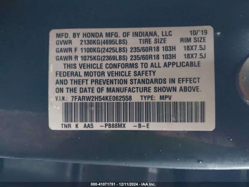 VIN 7FARW2H54KE062558 2019 HONDA CR-V no.9