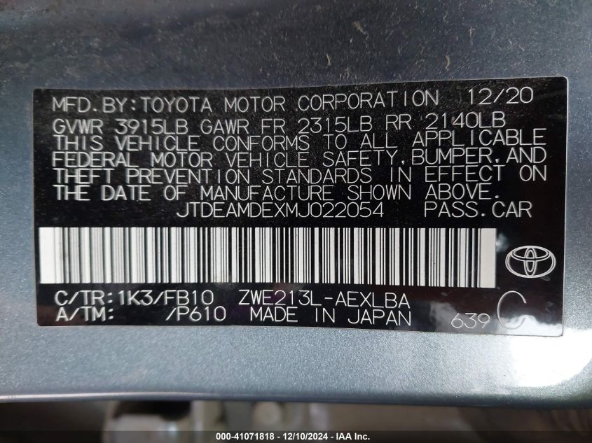 VIN JTDEAMDEXMJ022054 2021 Toyota Corolla, Hybrid Le no.9