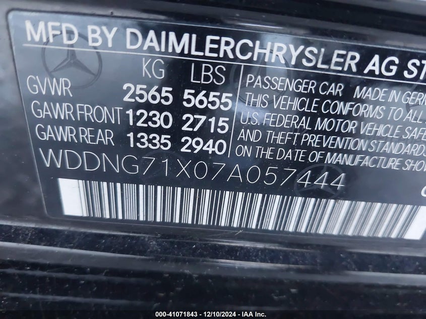 2007 MERCEDES-BENZ S 550 VIN: WDDNG71X07A057444
