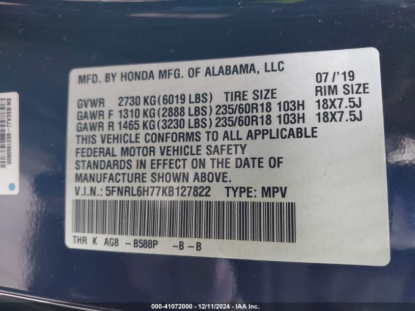 VIN 5FNRL6H77KB127822 2019 Honda Odyssey, Ex-L no.9