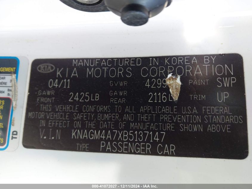 2011 Kia Optima Lx VIN: KNAGM4A7XB5137147 Lot: 41072027