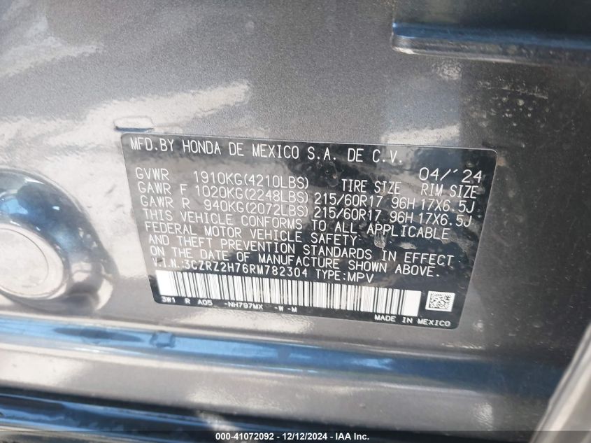 VIN 3CZRZ2H76RM782304 2024 HONDA HR-V no.9