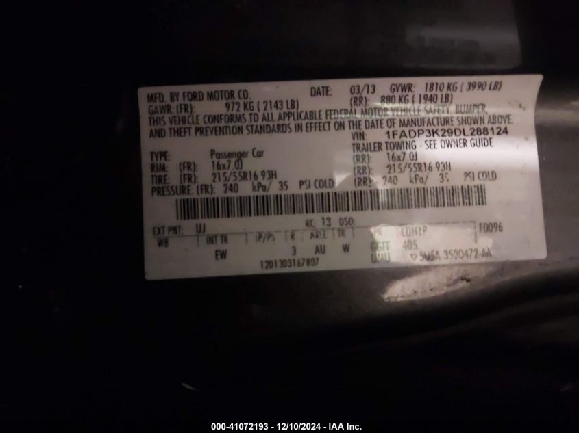 VIN 1FADP3K29DL288124 2013 Ford Focus, SE no.9