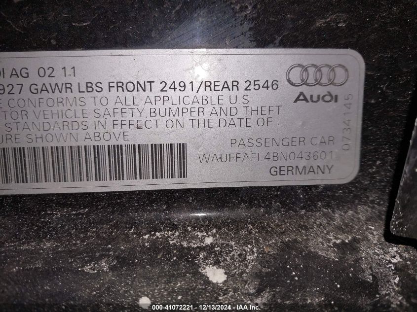 2011 Audi A4 2.0T Premium VIN: WAUFFAFL4BN043601 Lot: 41072221
