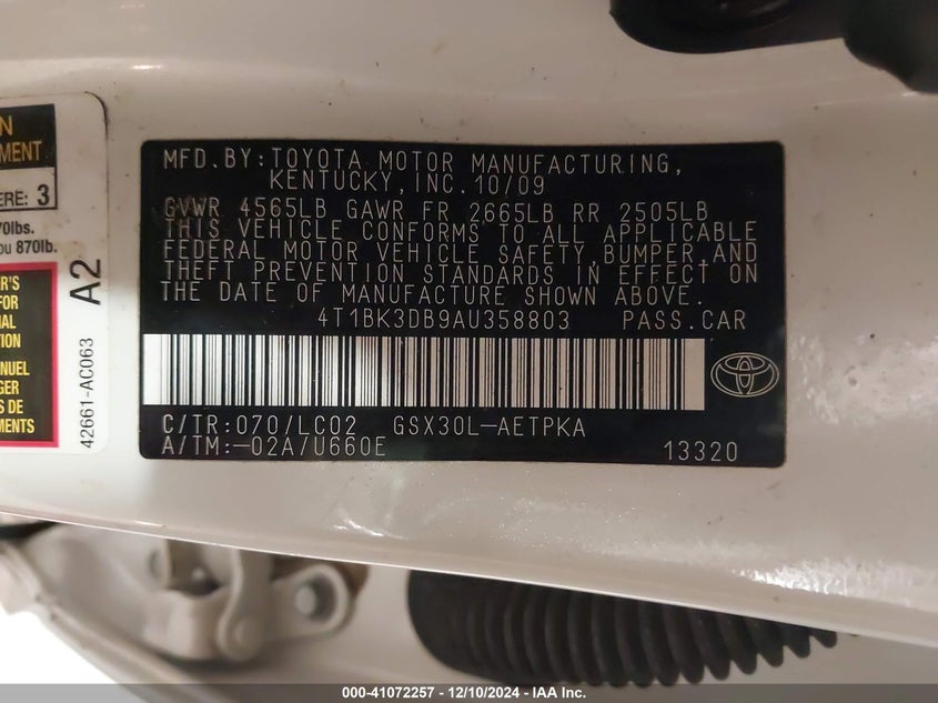 2010 TOYOTA AVALON VIN: 4T1BK3DB9AU358803