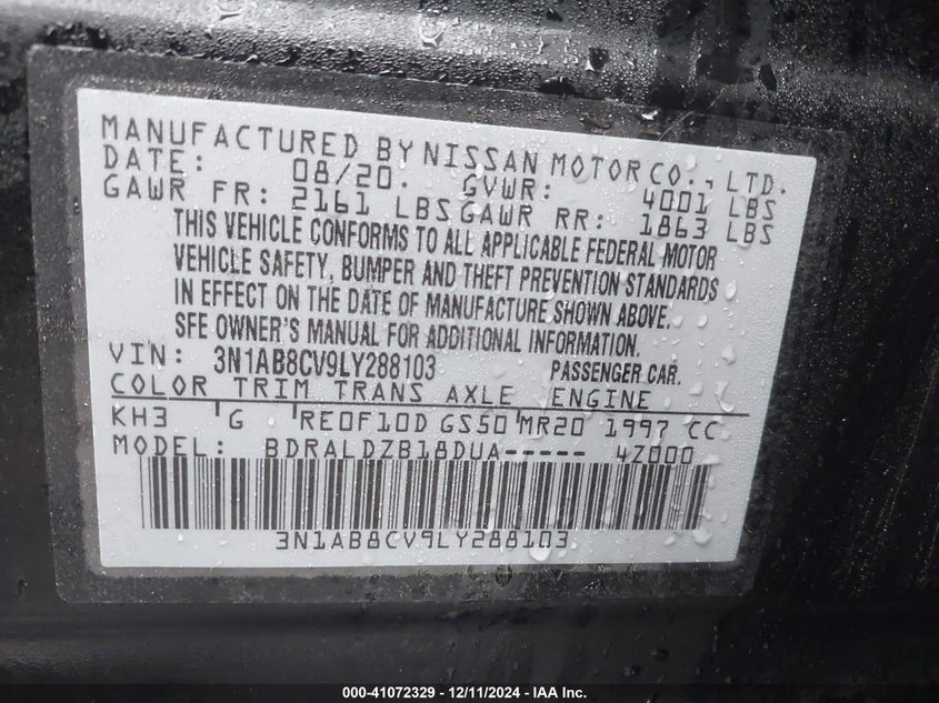 2020 NISSAN SENTRA VIN: 3N1AB8CV9LY288103