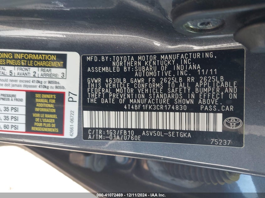 2012 TOYOTA CAMRY VIN: 4T4BF1FK3CR174830