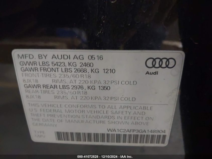 VIN WA1C2AFP3GA148904 2016 AUDI Q5 no.9