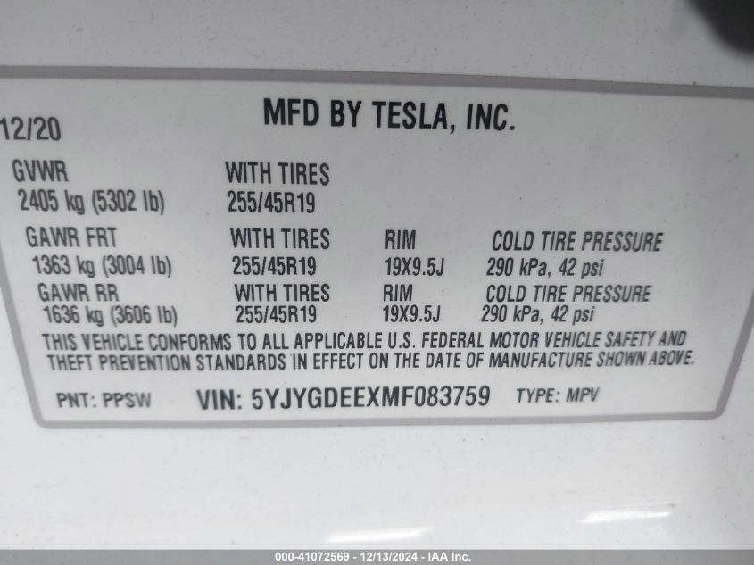 2021 Tesla Model Y Long Range Dual Motor All-Wheel Drive VIN: 5YJYGDEEXMF083759 Lot: 41072569