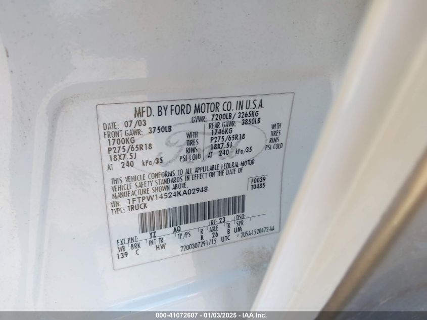 2004 Ford F-150 Fx4/Lariat/Xlt VIN: 1FTPW14524KA02948 Lot: 41072607