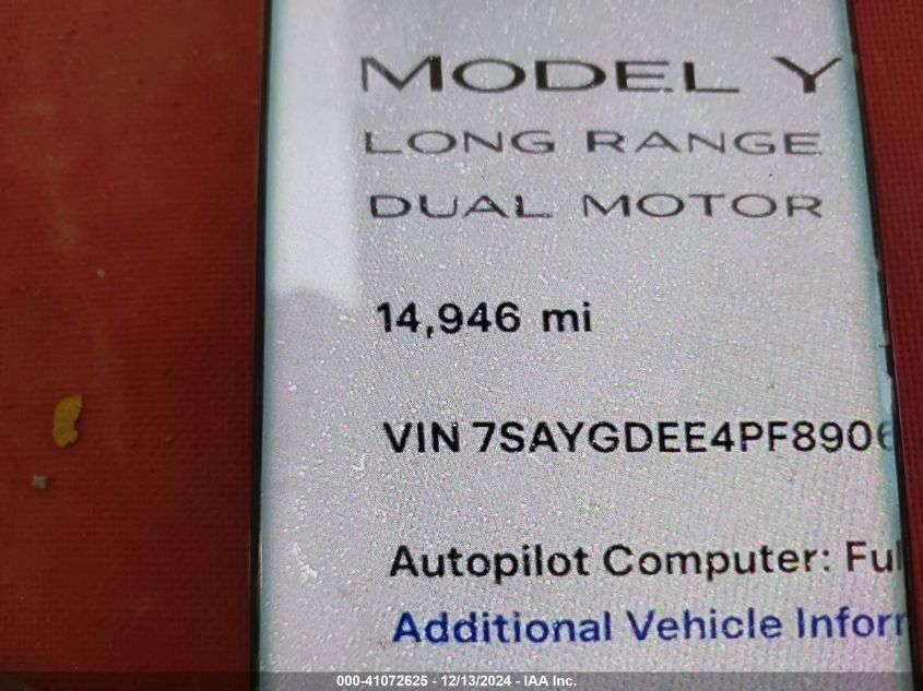 VIN 7SAYGDEE4PF890611 2023 Tesla Model Y, Awd/Long... no.14