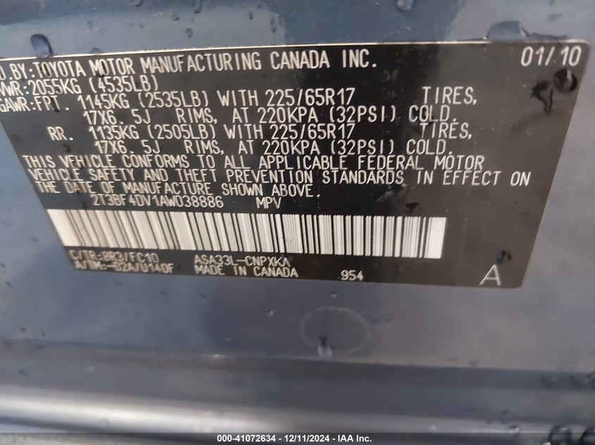 2010 TOYOTA RAV4 VIN: 2T3BF4DV1AW038886