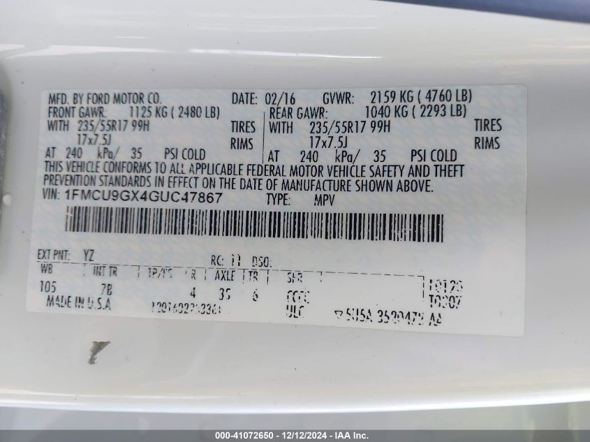 2016 Ford Escape Se VIN: 1FMCU9GX4GUC47867 Lot: 41072650