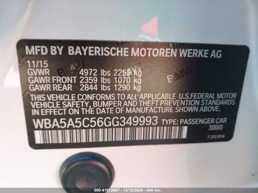 VIN WBA5A5C56GG349993 2016 BMW 5 Series, 528I no.9