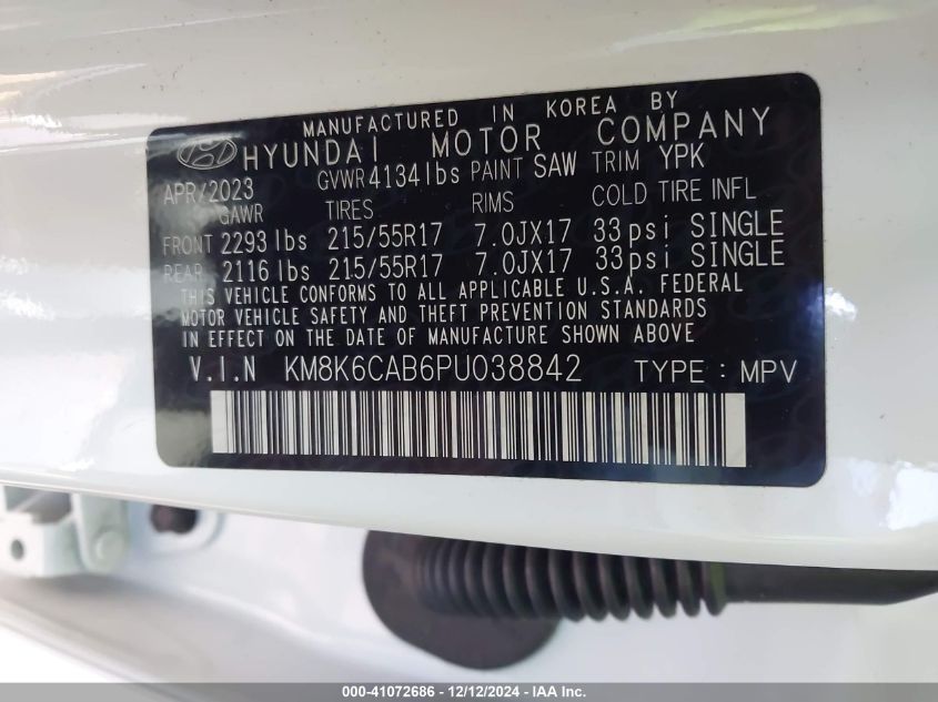 2023 Hyundai Kona Sel VIN: KM8K6CAB6PU038842 Lot: 41072686