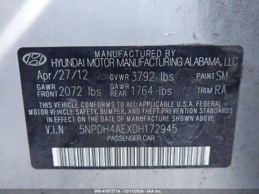 VIN 5NPDH4AEXDH172945 2013 Hyundai Elantra, Gls no.9