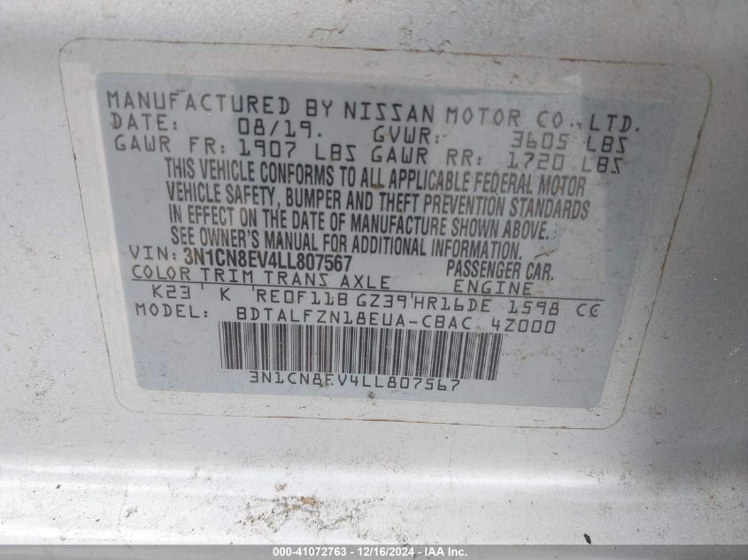 VIN 3N1CN8EV4LL807567 2020 Nissan Versa, Sv Xtronic... no.9