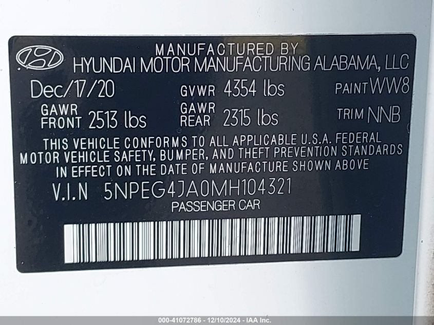 2021 Hyundai Sonata Se VIN: 5NPEG4JA0MH104321 Lot: 41072786